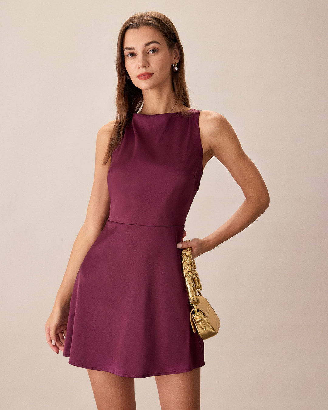 Purple Boat Neck Sleeveless Mini Dress - Celestia Couture