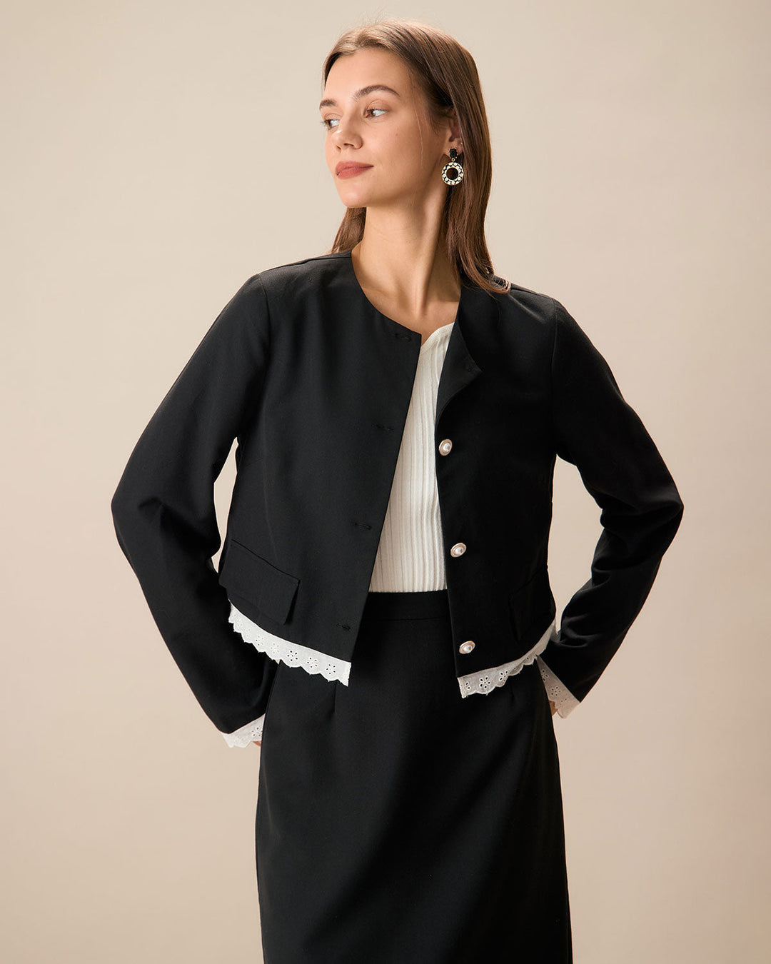 Black Contrasting Single-Breasted Jacket - Celestia Couture