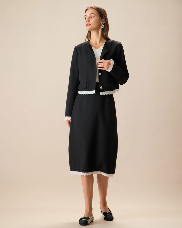 Black Contrasting Single-Breasted Jacket - Celestia Couture