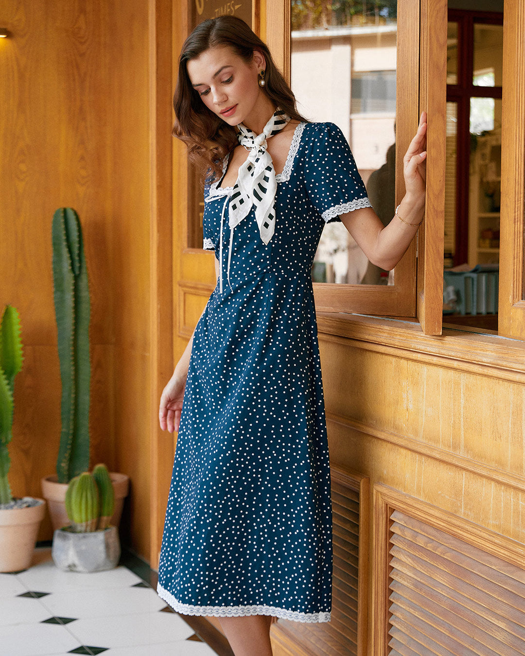 Navy Polka Dot Lace Midi Dress - Celestia Couture