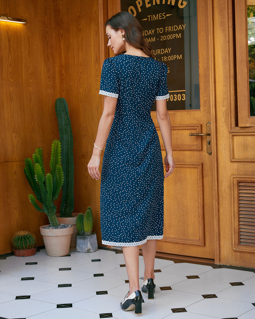 Navy Polka Dot Lace Midi Dress - Celestia Couture