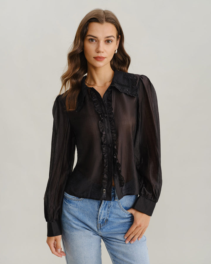 Black Lantern Sleeve Ruffle Shirt - Celestia Couture