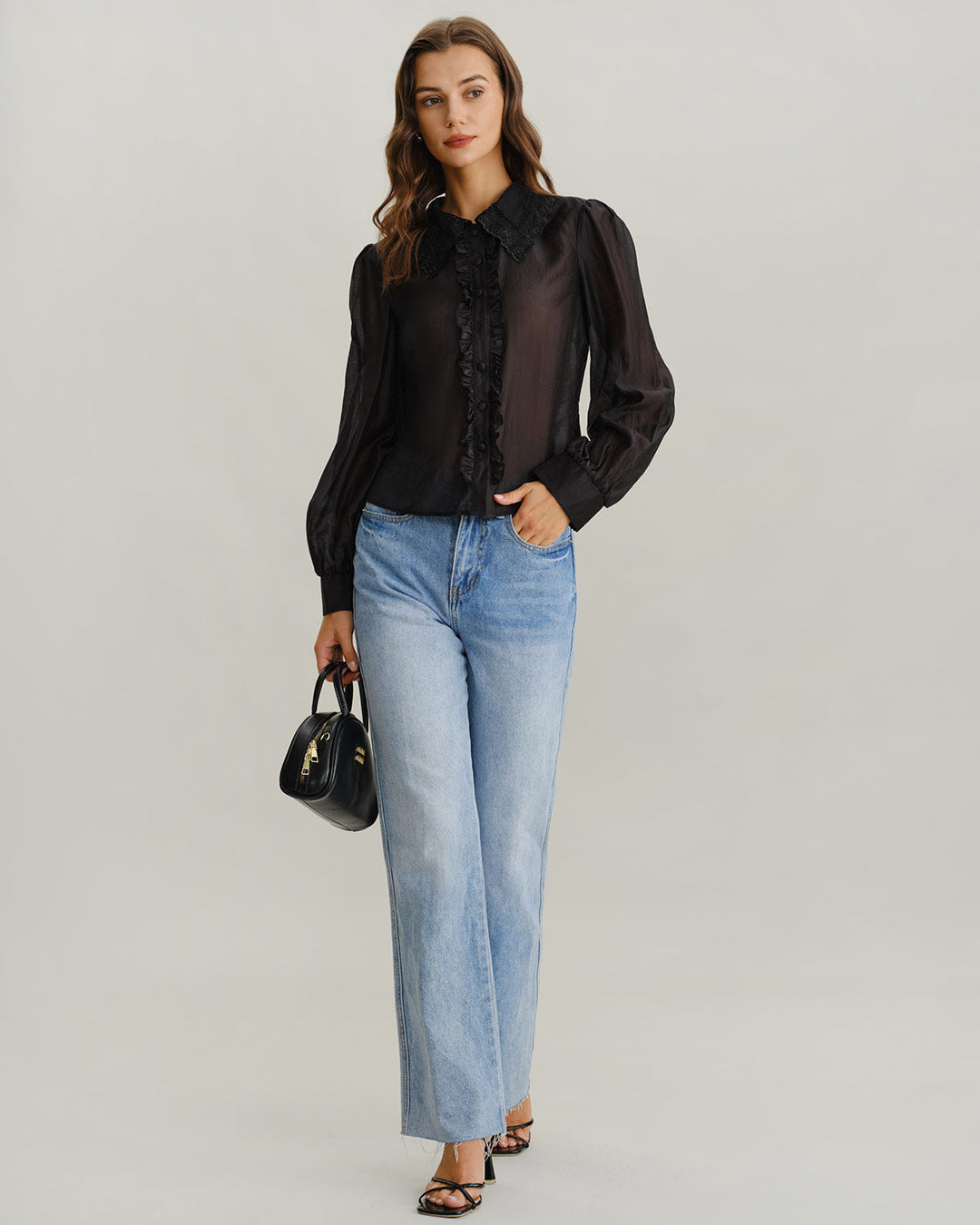 Black Lantern Sleeve Ruffle Shirt - Celestia Couture