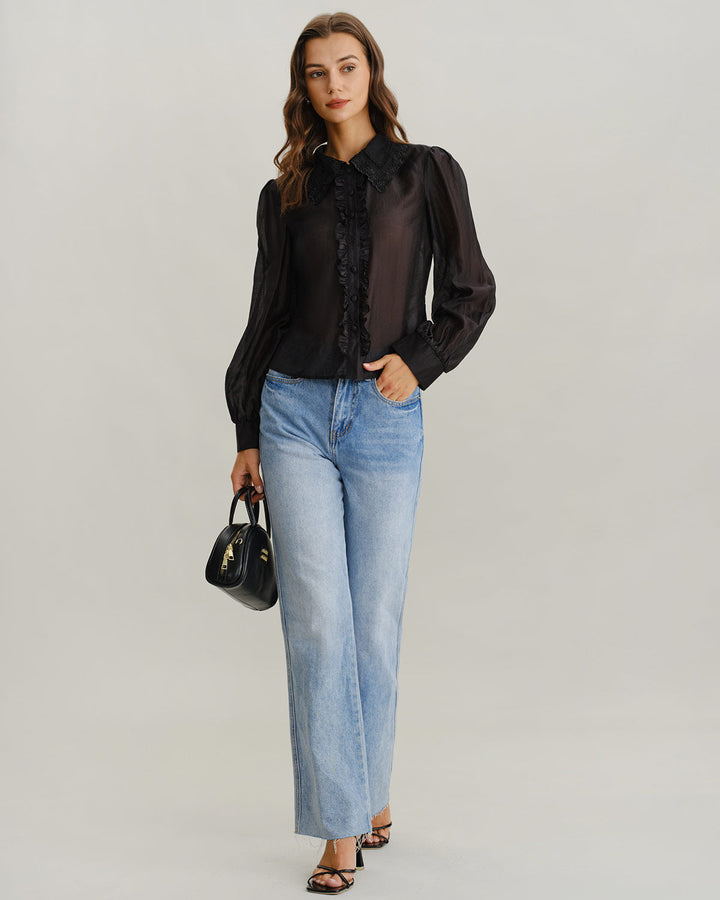 Black Lantern Sleeve Ruffle Shirt - Celestia Couture