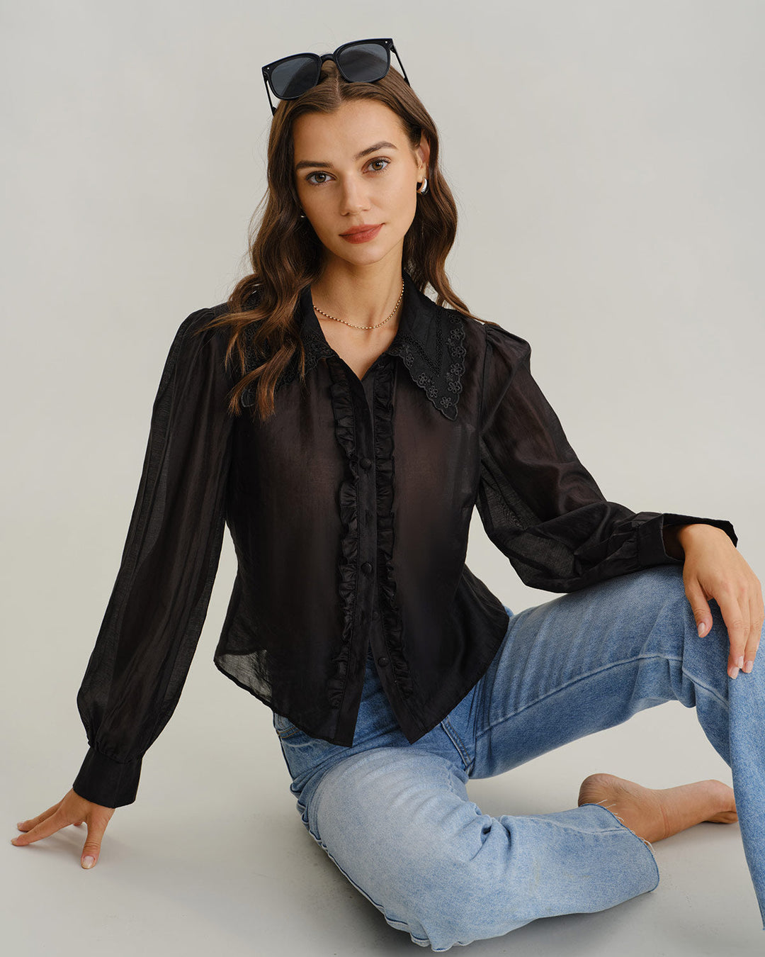 Black Lantern Sleeve Ruffle Shirt - Celestia Couture