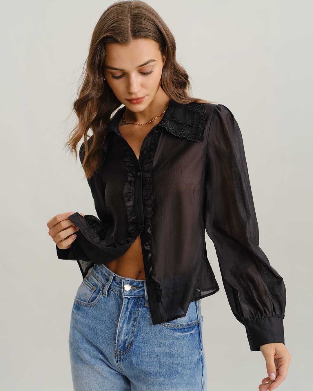 Black Lantern Sleeve Ruffle Shirt - Celestia Couture