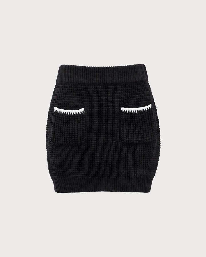 Black Contrasting Knit A-line Mini Skirt - Celestia Couture
