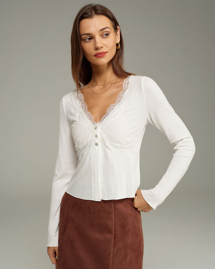 White V Neck Knit Cardigan - Celestia Couture