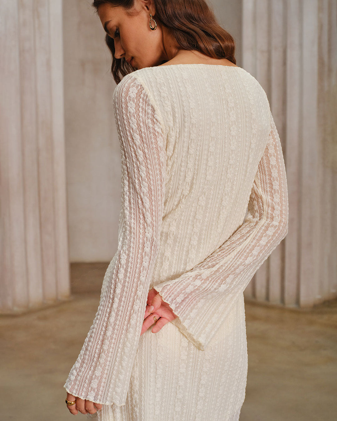 Apricot Lace Bell Sleeve Mini Dress - Celestia Couture
