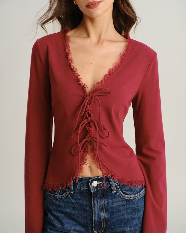 Red V Neck Tie-front Cardigan - Celestia Couture