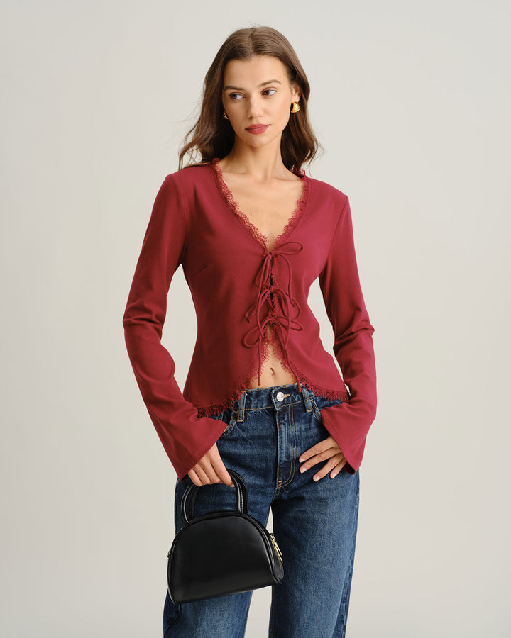 Red V Neck Tie-front Cardigan - Celestia Couture