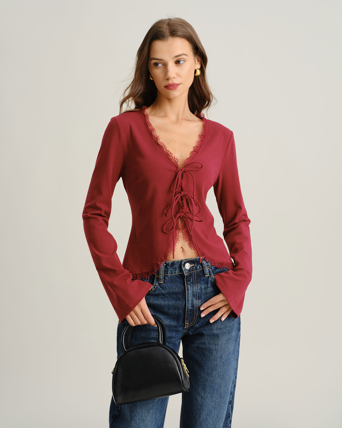 Red V Neck Tie-front Cardigan