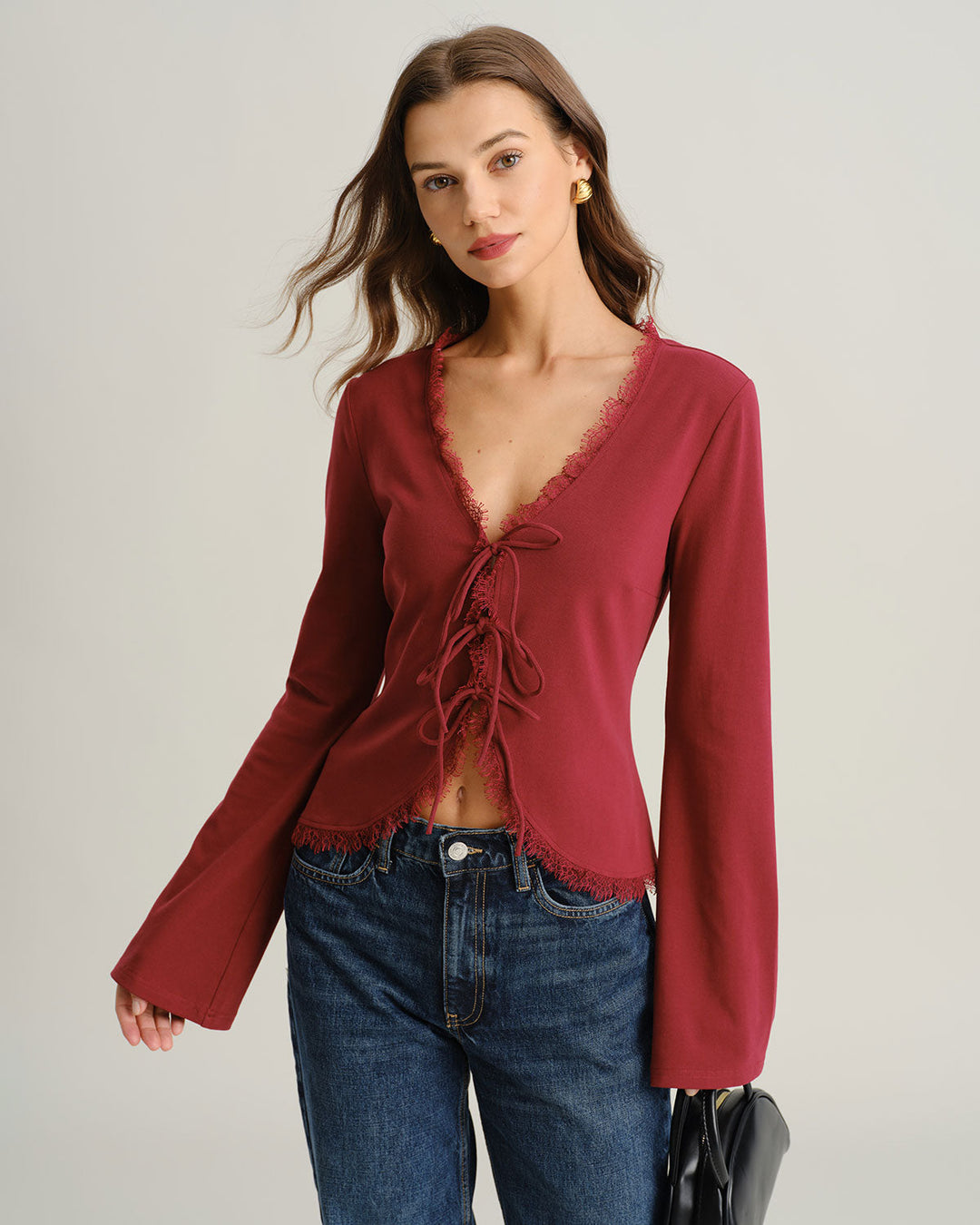 Red V Neck Tie-front Cardigan - Celestia Couture