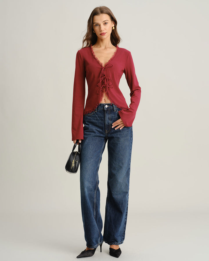 Red V Neck Tie-front Cardigan - Celestia Couture