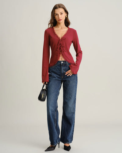 Red V Neck Tie-front Cardigan