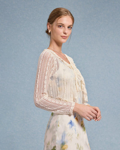 Beige V Neck Ruffle Cardigan