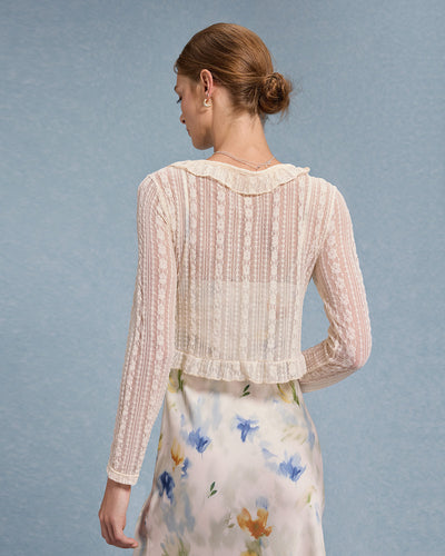 Beige V Neck Ruffle Cardigan