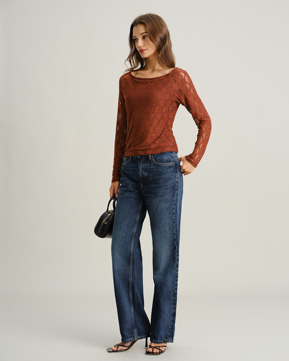 Brown Boat Neck Lace Slim Tee