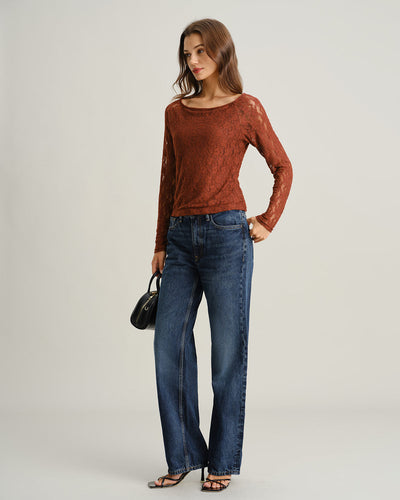 Brown Boat Neck Lace Slim Tee
