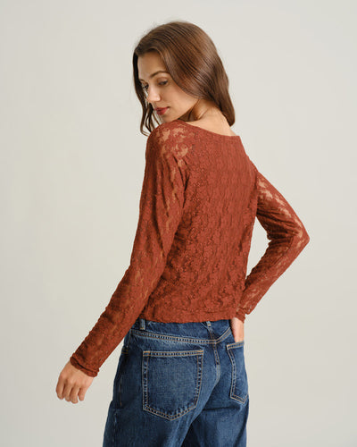 Brown Boat Neck Lace Slim Tee