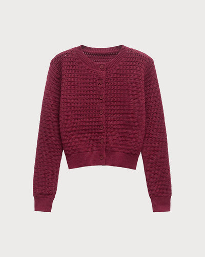 Wine Red Single Breasted Knit Cardigan