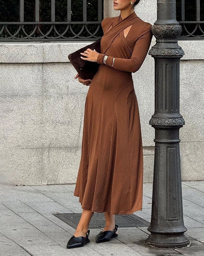 Brown Asymmetrical A-Line Maxi Dress