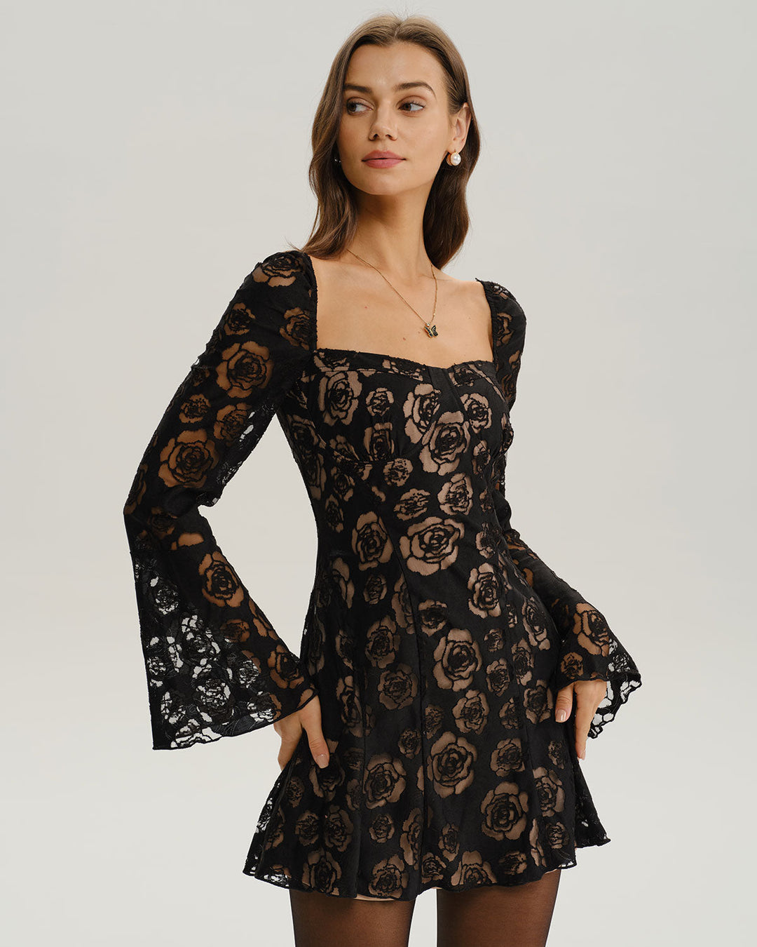 Black See Through Bell Sleeve Mini Dress - Celestia Couture