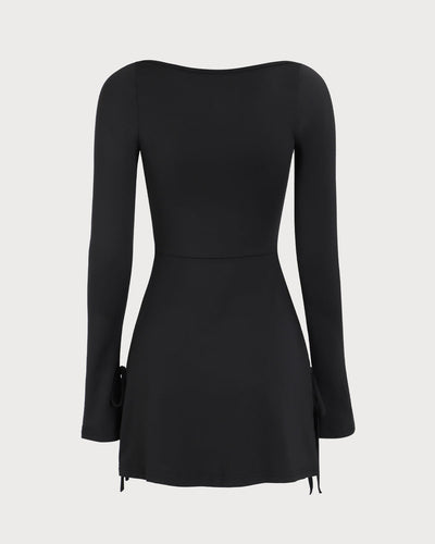 Women's Black Square Neck Long Sleeve Mini Dress