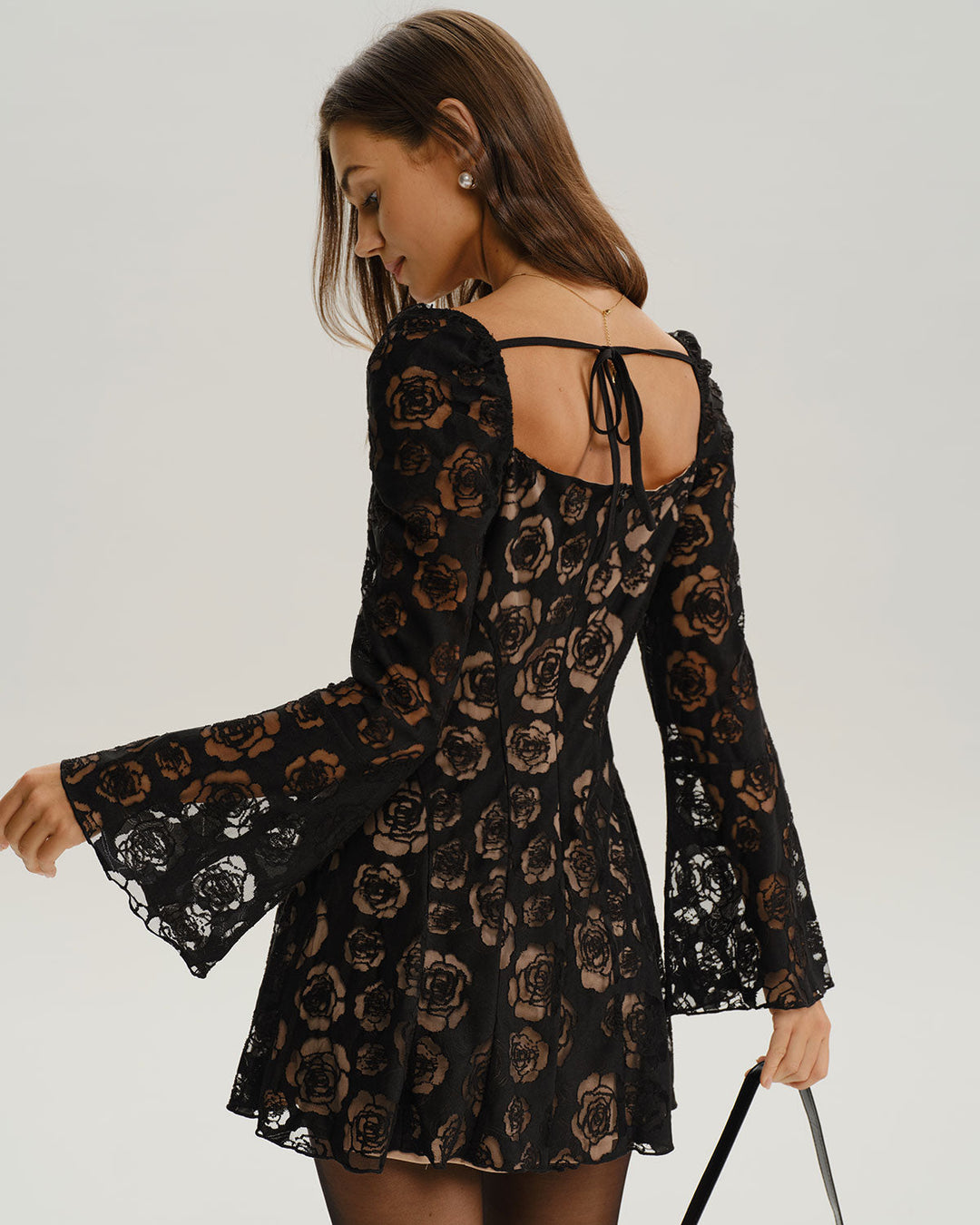Black See Through Bell Sleeve Mini Dress - Celestia Couture