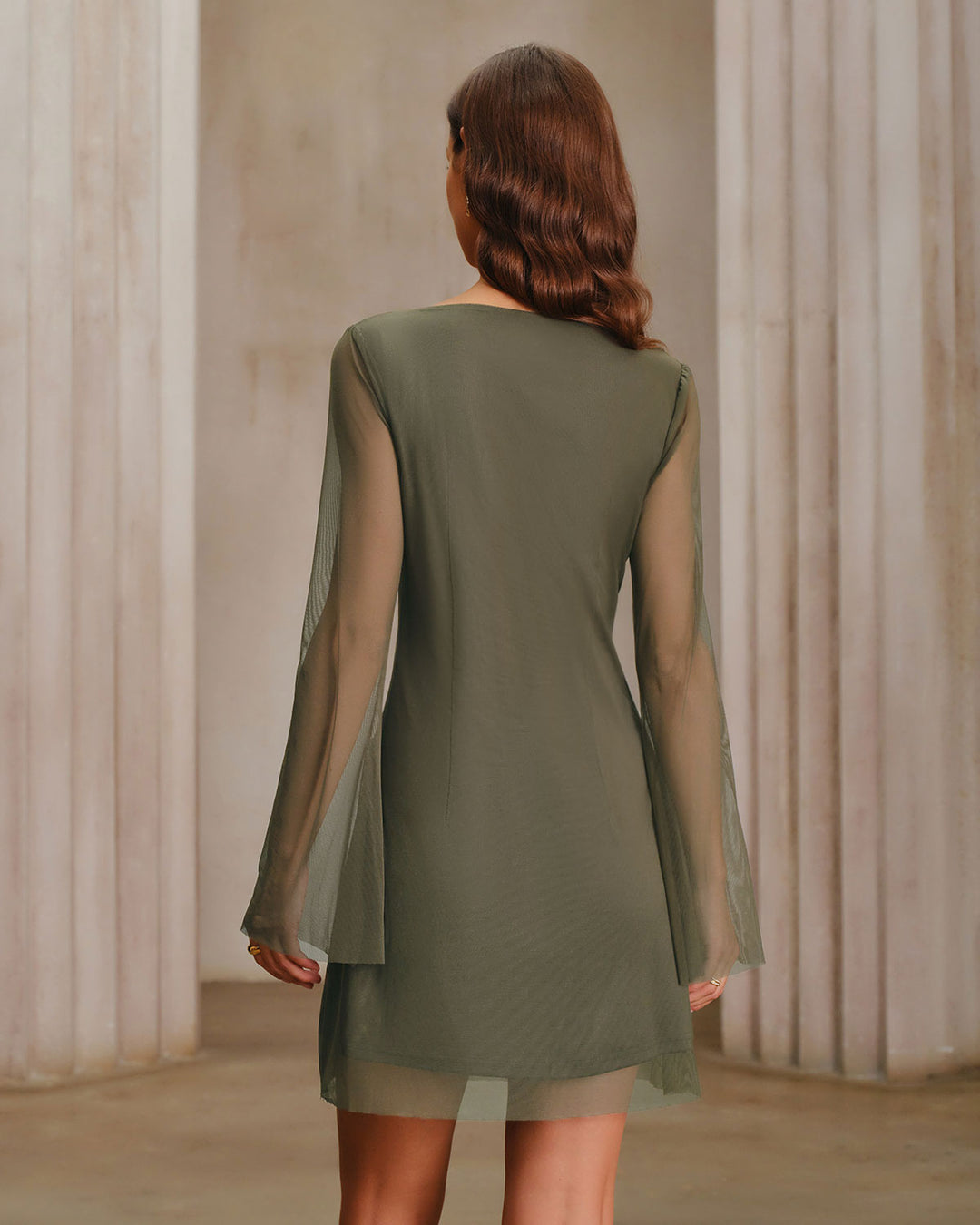 Green Mesh Boat Neck A-Line Mini Dress - Celestia Couture