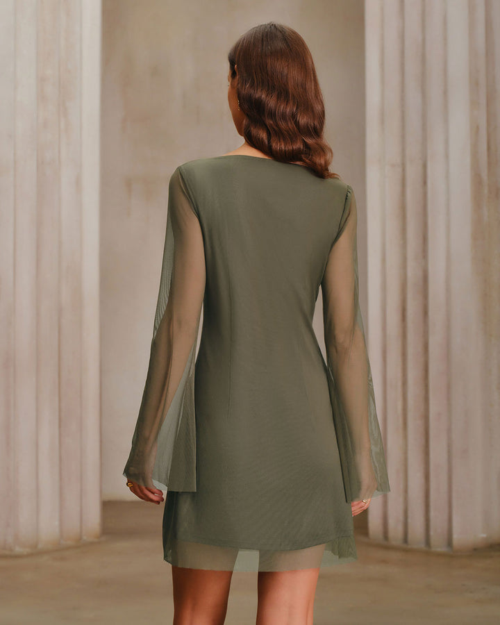 Green Mesh Boat Neck A-Line Mini Dress - Celestia Couture