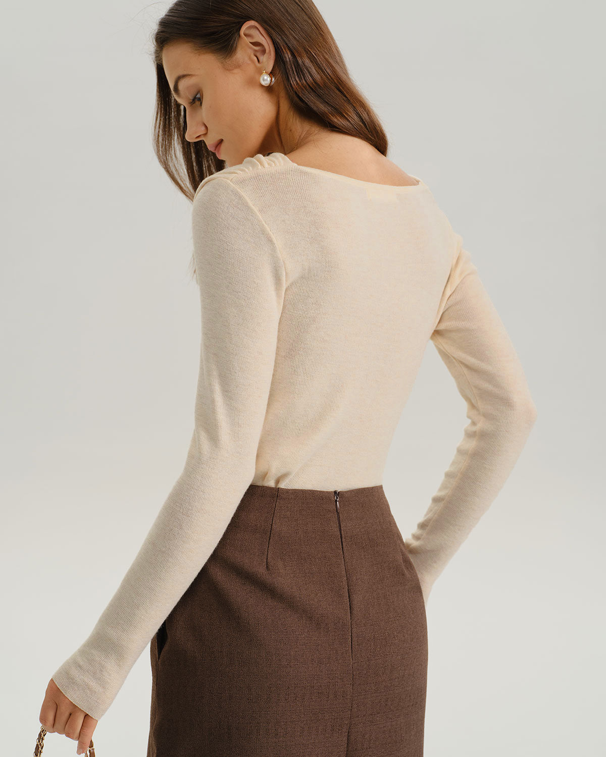Apricot Cowl Neck Ruched Slim Tee