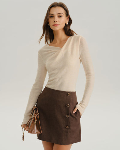 Apricot Cowl Neck Ruched Slim Tee