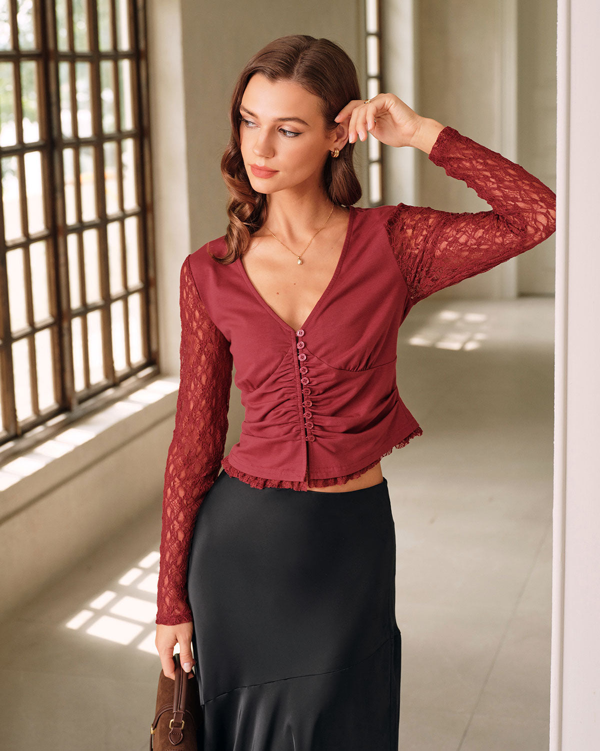 Red V Neck Button Cardigan