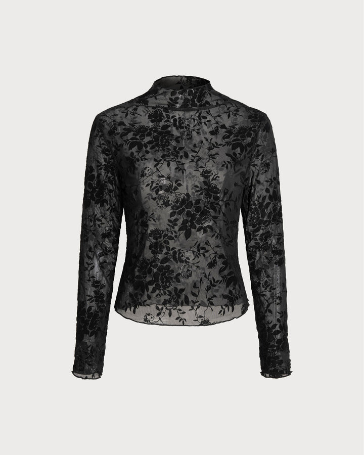 Black Floral See-through Tee - Celestia Couture