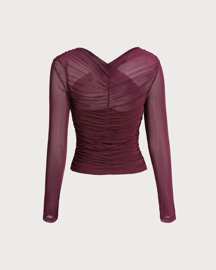 Wine Red V Neck Slim Mesh Tee