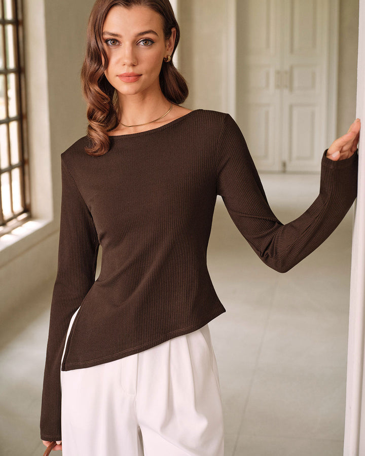 Brown Round Neck Knit Tee - Celestia Couture