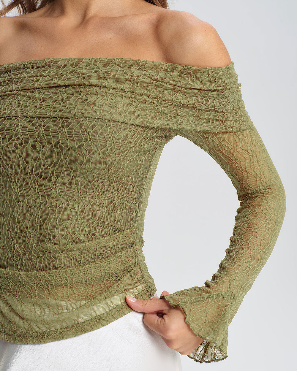 Green Off The Shoulder Bell Sleeve Tee - Celestia Couture