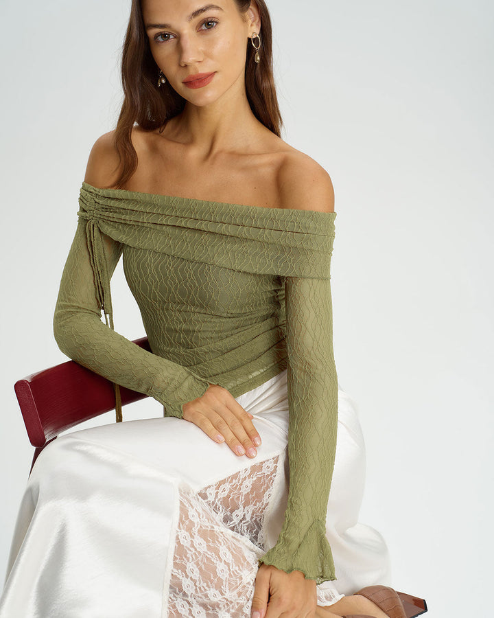 Green Off The Shoulder Bell Sleeve Tee - Celestia Couture