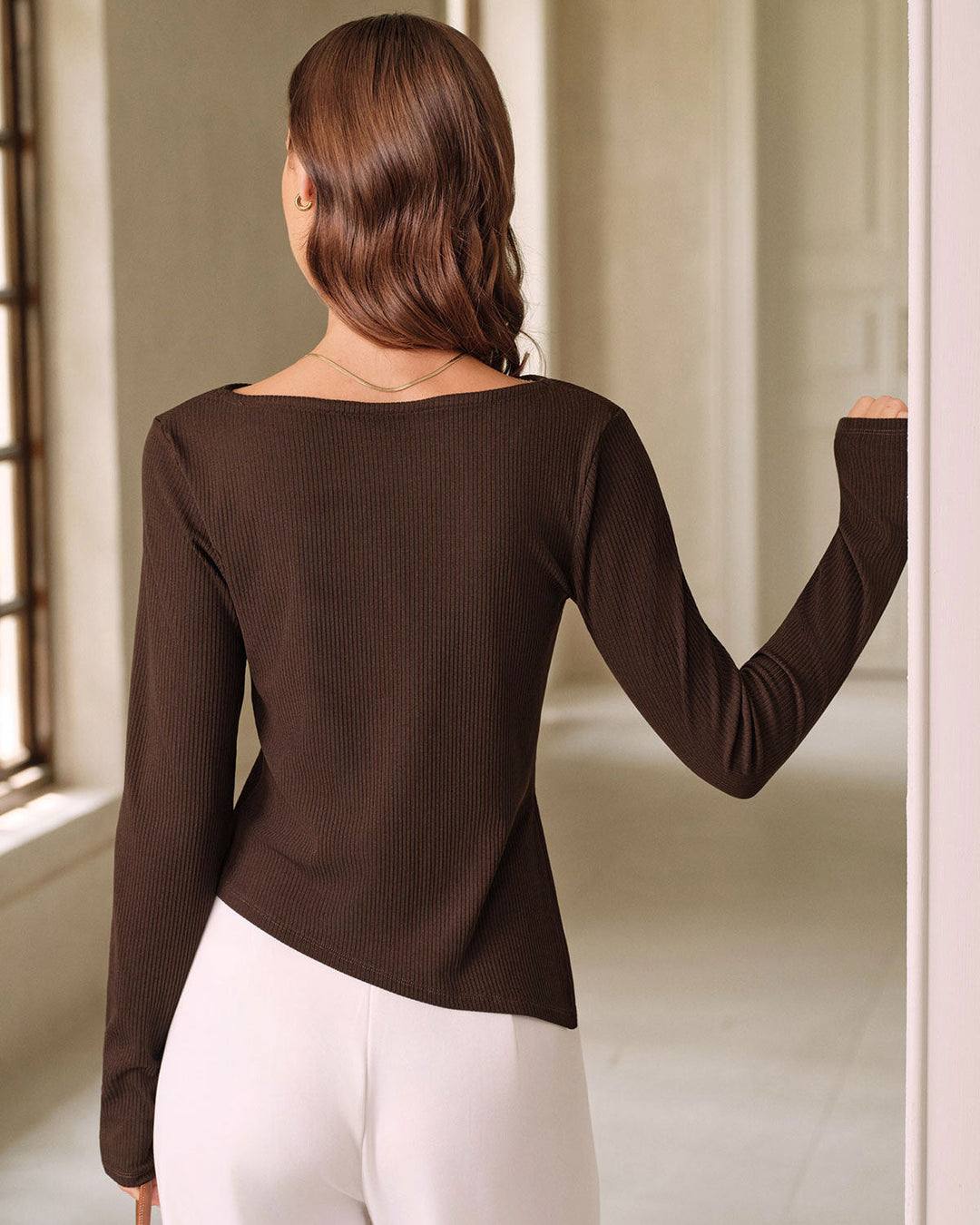 Brown Round Neck Knit Tee - Celestia Couture