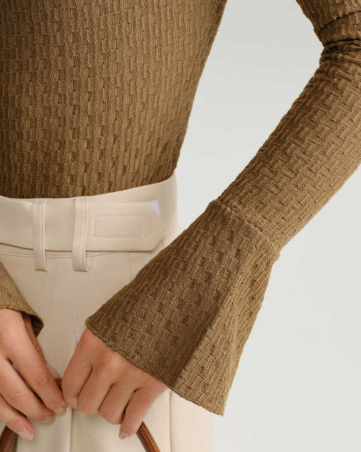 Brown Boat Neck Bell Sleeve Knit Tee - Celestia Couture