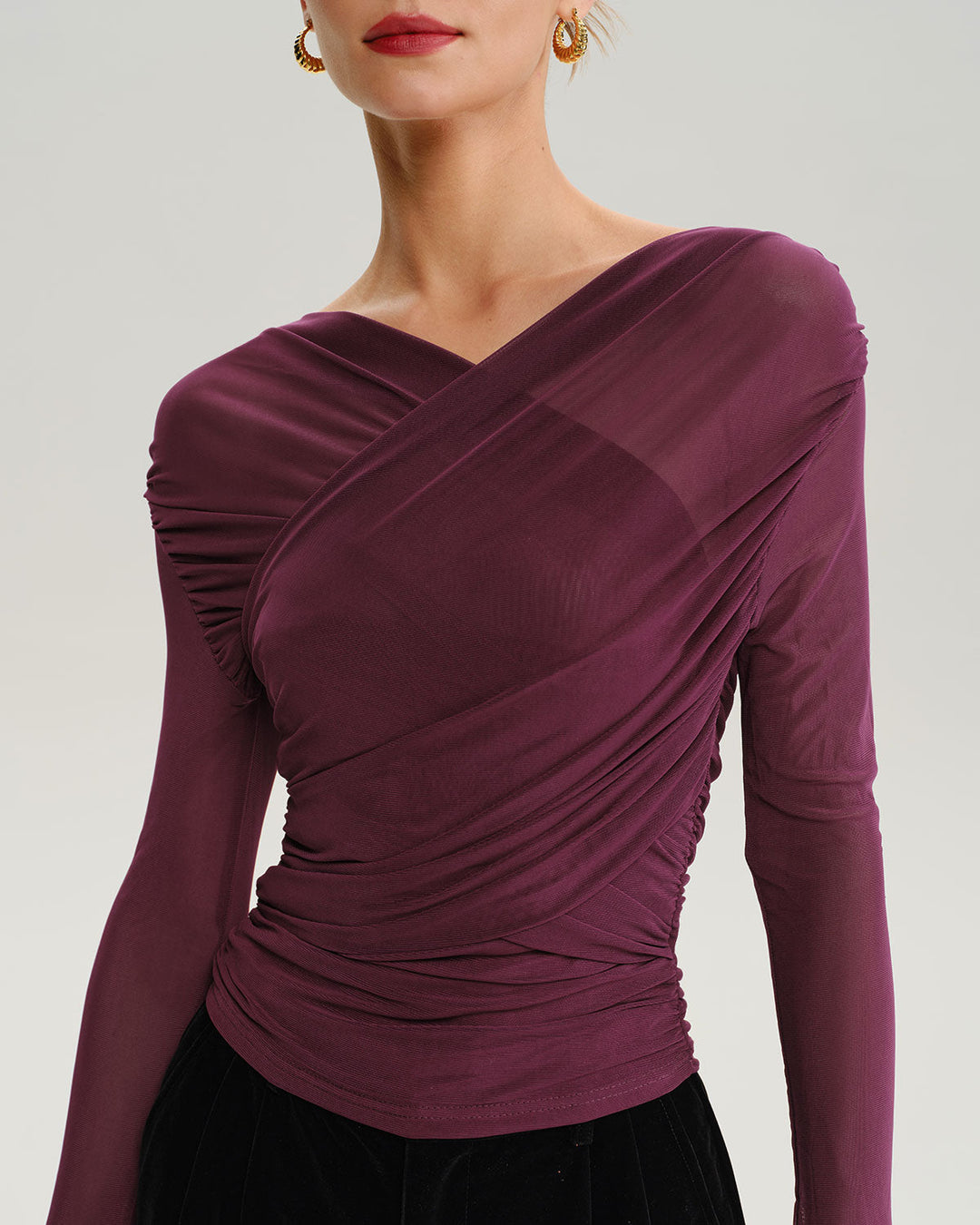 Wine Red V Neck Slim Mesh Tee