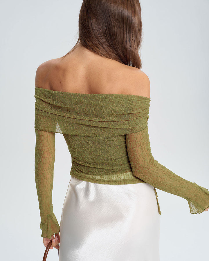 Green Off The Shoulder Bell Sleeve Tee - Celestia Couture