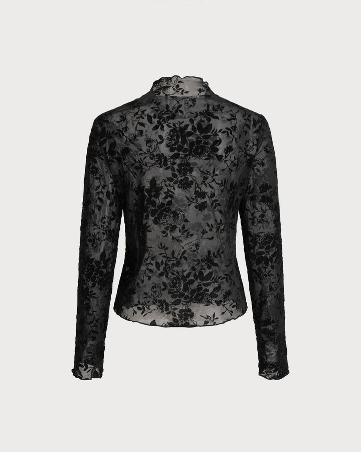 Black Floral See-through Tee - Celestia Couture
