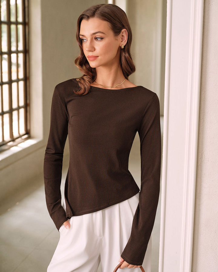 Brown Round Neck Knit Tee - Celestia Couture