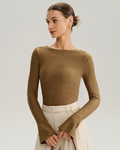 Brown Boat Neck Bell Sleeve Knit Tee