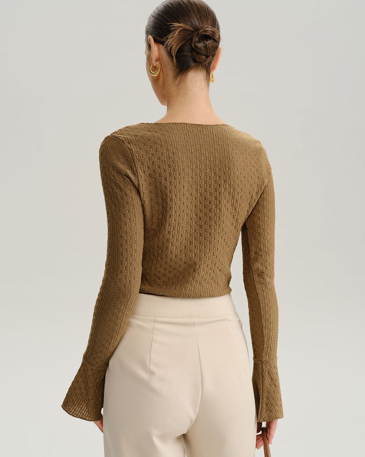 Brown Boat Neck Bell Sleeve Knit Tee - Celestia Couture