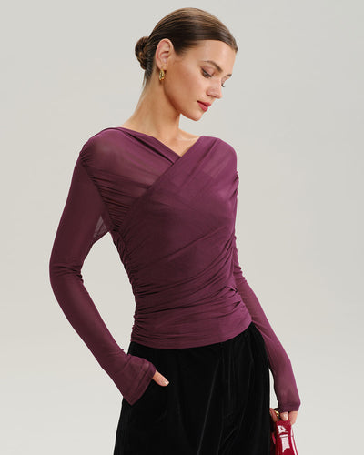 Wine Red V Neck Slim Mesh Tee