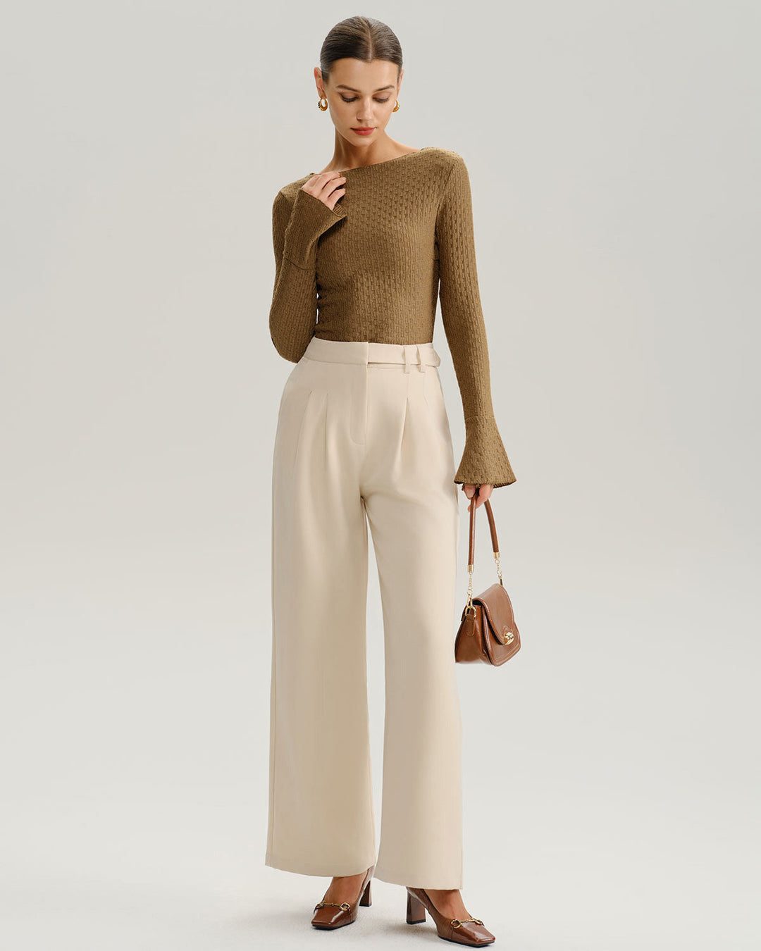 Brown Boat Neck Bell Sleeve Knit Tee - Celestia Couture