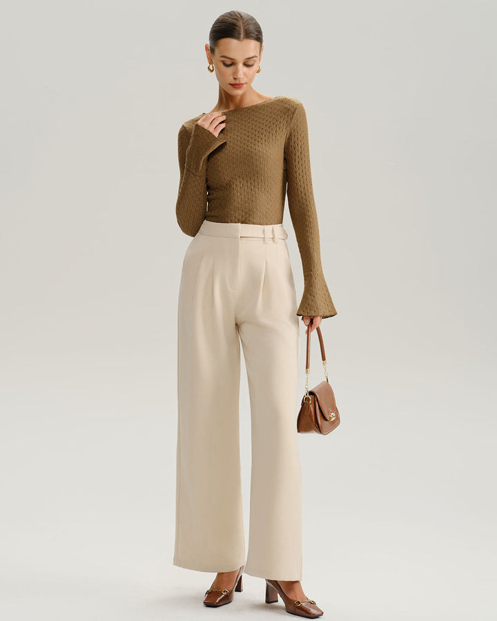 Brown Boat Neck Bell Sleeve Knit Tee - Celestia Couture